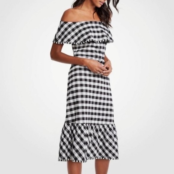 Ann Taylor Black White Gingham Off the shoulder Midi Dress - Picture 2 of 12